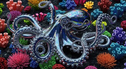 Obraz premium A Stunning Chrome Octopus Amidst Vibrant Coral Reefs Underwater Life Exploration
