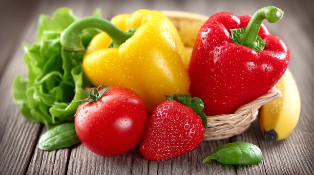 A colorful variety of fresh produce, including fruits and vegetables, set against a clear backdrop, ideal for promoting healthy living and wellness
