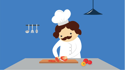 Chef cooking in the kitchen. Vector illustration in flat style.