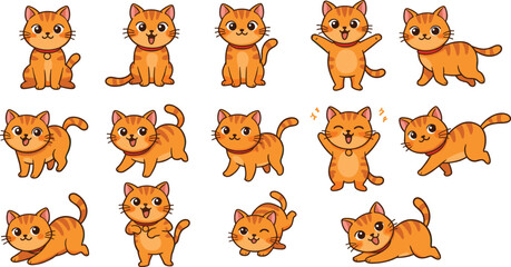 Cute cartoon orange cats collection, various playful kitten poses, adorable pet characters, funny cat expressions, domestic animal illustration, kids design element, isolated vector art
