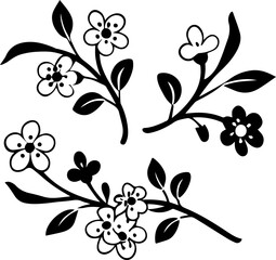 Flowers for decoration in many styles, SVG with clean lines.Black and White Floral Design with Leaves and Flowers