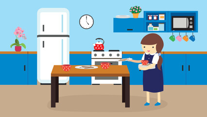 Housewife cooking in the kitchen. Vector illustration in flat style.