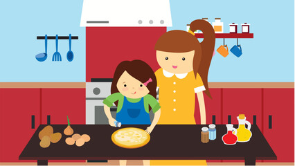 Mother and daughter cooking together in the kitchen. Vector illustration in flat style