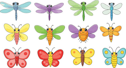 A seamless vector pattern with a cute collection of colorful cartoon butterflies and flowers, perfect for summer decoration