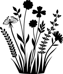Flowers for decoration in many styles, SVG with clean lines.Black Silhouette of Various Wildflowers and Foliage