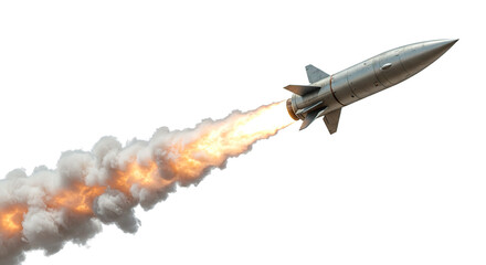 A powerful silver rocket takes flight, leaving a fiery trail of smoke in its wake.