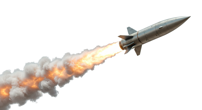 A powerful silver rocket takes flight, leaving a fiery trail of smoke in its wake. - Powered by Adobe