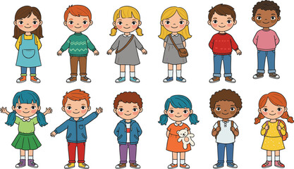 Group of diverse cartoon children, happy school kids standing, cute multicultural boys and girls, back to school, childhood illustration, smiling faces, casual outfits