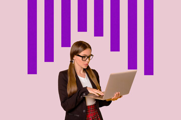 Composite 3d banner art pop image collage of happy businesswoman businessman stand chart statistics goal progress chance