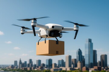 Futuristic drone carrying cardboard package above city skyline symbolizes modern delivery innovation and autonomous logistics