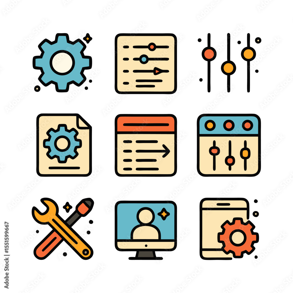 Poster a collection of nine vector icons representing settings, configuration, and customization options in