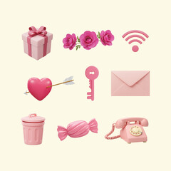 Pink Valentine's Day 3D Icon Set Gift, Roses, Wi-Fi, Heart, Key, Envelope, Trash, Candy, Phone - Perfect for Digital Design Projects