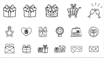 Fototapeta premium Collection of fifteen hand drawn style gift and love related icons in black outline on a white background