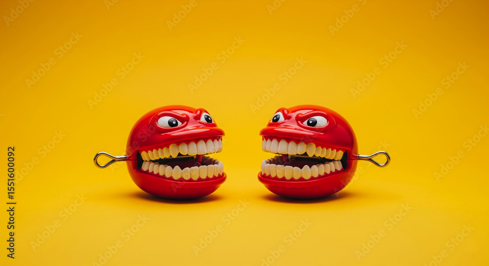 Aufkleber two red, spherical objects with exaggerated teeth and eyes, positioned on a yellow background. they 