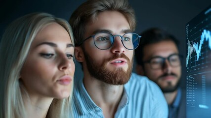 Business team analyzing financial data displayed on a digital screen - Powered by Adobe