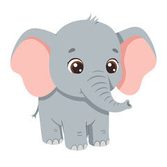 Naklejka premium Cartoon elephant with large brown eyes and pink inner ears standing upright.