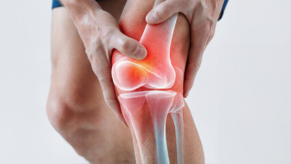 Man holding his knee in pain, with a visible X-ray overlay of the joint. Illustrating knee injury, arthritis, or joint problems. Concept for healthcare and orthopedic medicine.