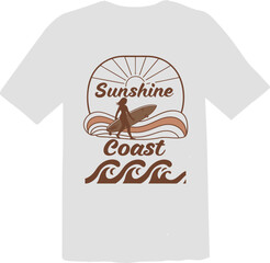 "Sunshine Coast" Retro Surf T-Shirt Design with Surfer and Waves