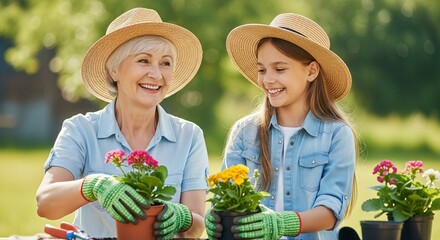 Grandmother and Granddaughter Gardening Together in Backyard planting flowers