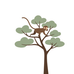 Stylized Monkey Climbing a Tree with Rounded Green Leaves Illustration.