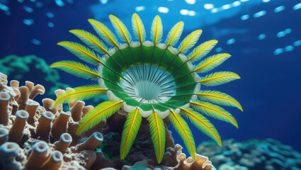 A vibrant, flower-like marine organism with yellow-green petals, growing from corals underwater against a blue background.