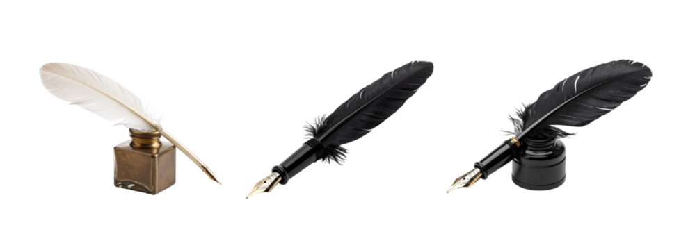 A set of three quill pens isolated on a transparent background; PNG