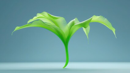 An abstract green plant with wavy leaves on a simple blue background, evoking a sense of lightness and purity.