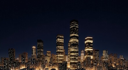 A panoramic view of a night city with numerous high-rise buildings illuminated by lights against a dark, starry sky