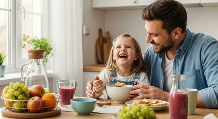 Father and Daughter Laughing Together at Breakfast Table