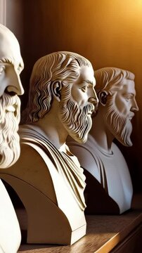 Row of weathered plaster busts depicting bearded men in classical robes, set on a wooden shelf against a brown background with sunlight