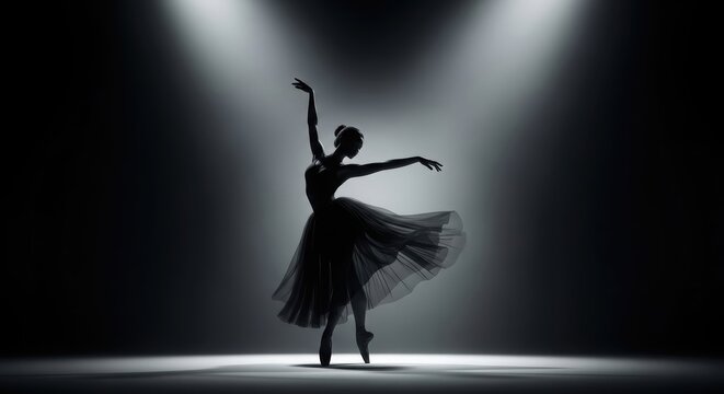 Silhouette of a ballerina in a tutu, performing a graceful dance move under spotlights on a dark stage.