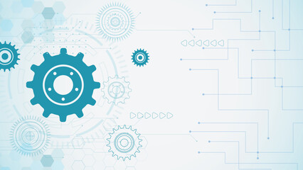 Futuristic tech background featuring blue gear wheels with circuit lines and digital interface elements for industrial or innovation themes