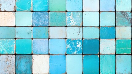 Blue and green tile wall with abstract vintage pattern on a white background in grunge style