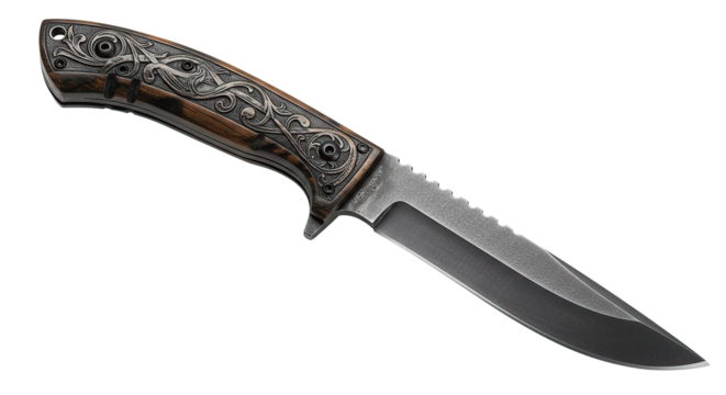 An exquisitely crafted, engraved hunting knife with a wooden handle, set against a black backdrop.
