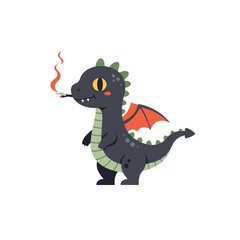 Fototapeta premium Playful Cartoon Dragon Exhaling Smoke with Orange Wings and Spikes.