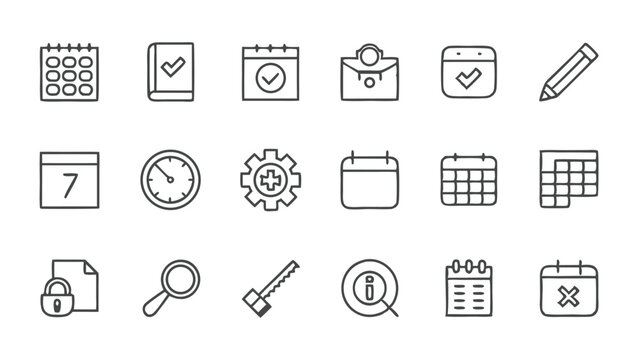 Line art icons featuring calendars, time, tools, and document related symbols in a simple design