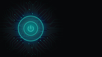 Futuristic glowing power button in center with digital circuit lines on a dark background ideal for tech themes