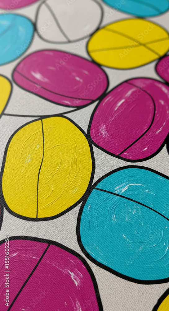 Poster Close-up of colorful painted circles on textured canvas, creating a vibrant and playful pattern, showcasing a modern art style, ideal for design inspiration