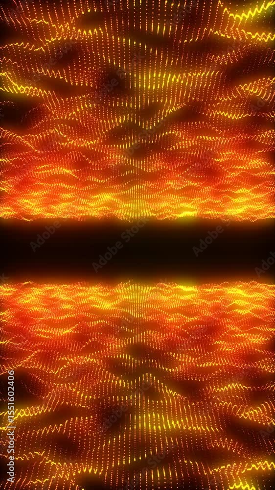 Poster abstract glowing waves of orange and yellow particles forming symmetrical digital patterns