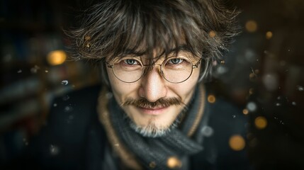 A man in a library is surrounded by shelves of colorful literature as he reads a book with complete absorption