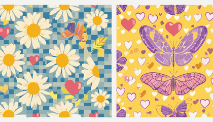 Obraz premium seamless patterns with butterfly, daisy, chess, mesh, heart. Set of vector backgrounds.butterfly, funky, graphic, mesh, minimal, pop, poster, print, wavy, daisy, geometric, groovy, love, square, 