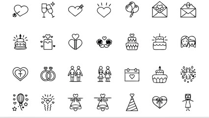 Collection of wedding and love themed line art icons including hearts, rings, and couples in black and white