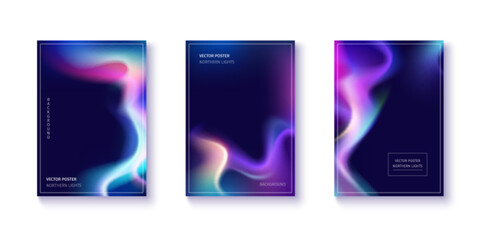 Dynamic aurora gradient background collection with cosmic northern lights. Smooth color transitions blend blue, pink and purple hues creating fluid abstract patterns. Premium modern vector posters. © klyaksun
