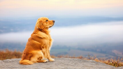 Dog sitting on a rock looking at the sky while fog rolls in from a hilltop in a curious mood
