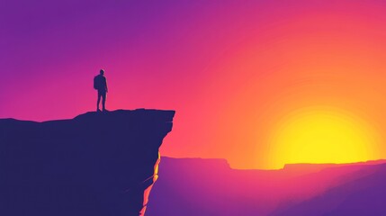 Silhouette figure on cliff at sunset