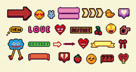 Pixels Y2k funny playful emoticon, frame, arrow, icon stickers. . 8-bit retro style vector illustration for social media. Set of pixel art. Emoji pixelated icons.