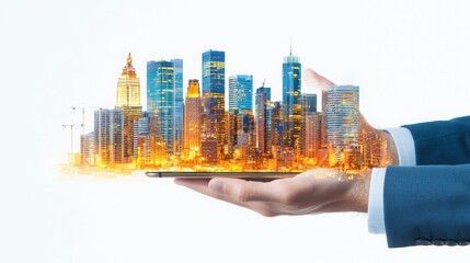 Person holding tablet with city background and double exposure of hands using smartphone technology