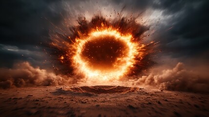 A powerful explosion erupts against a stormy backdrop, emphasizing the raw energy and chaos, representing themes of destruction and the forces of nature at play.