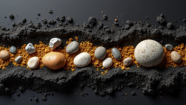 Pebble in black sand with gold dust overlay