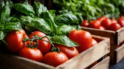 This image showcases fresh, vibrant tomatoes nestled next to lush basil in rustic wooden baskets, capturing the essence of fresh produce and culinary delights.